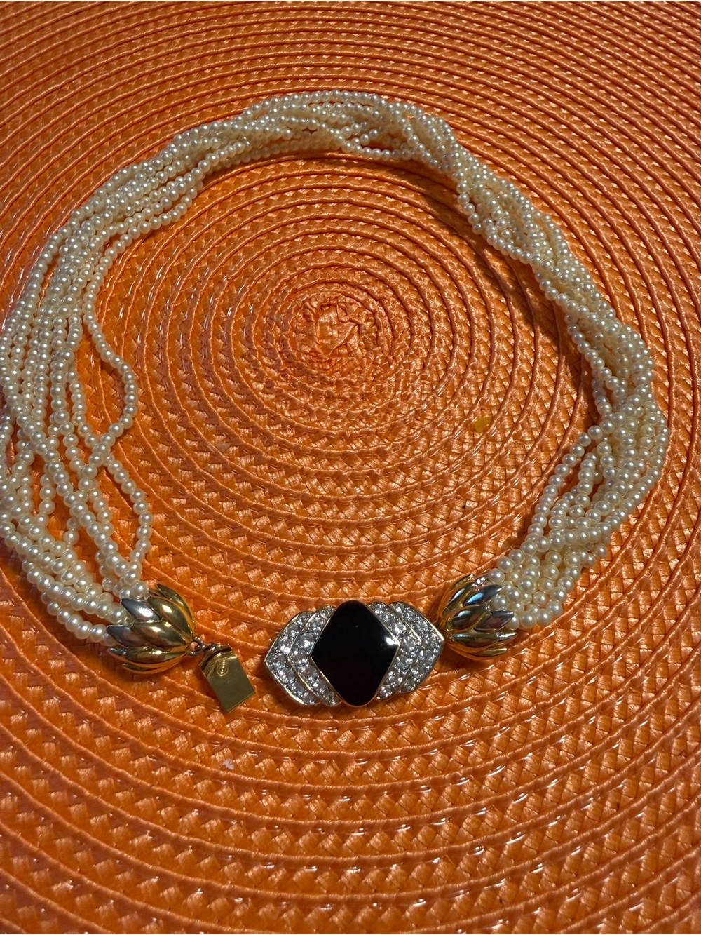 Vintage Multi-Strand Faux Pearl Necklace with Black Enamel front clasp Necklace - Picture 2 of 15
